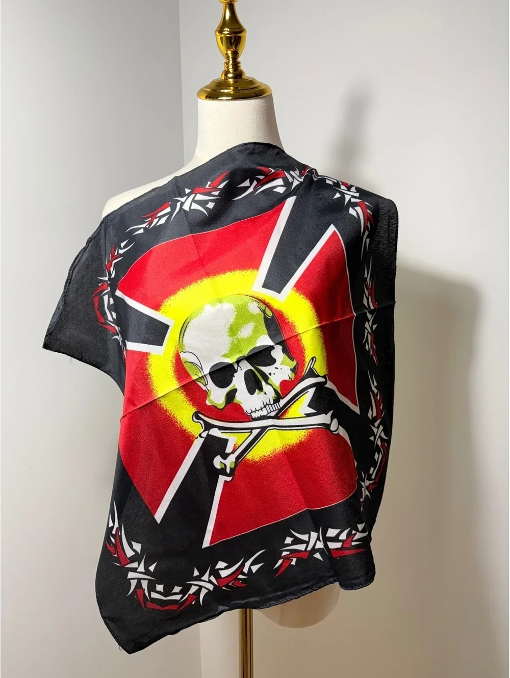 Square Skull and Crossbones Scarf in Red, Black, and Yellow – New Without Tags